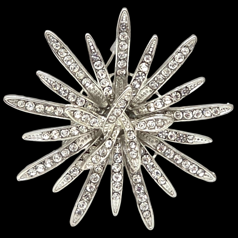 Sparkly Silverplated Metal CZ Embellished Floral Brooch Pin